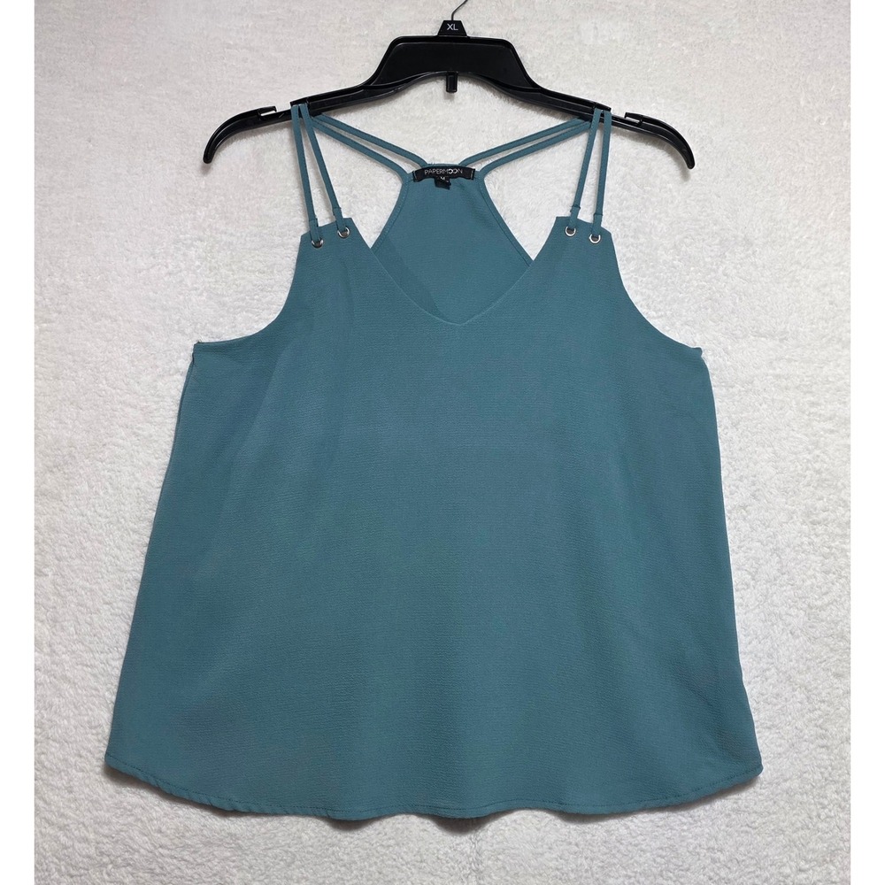 Papermoon Teal Blue Strappy Grommet Racerback Crepe Tank Top Blouse Women's M